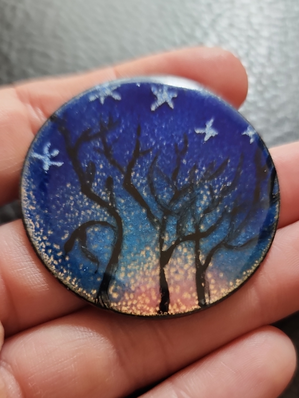 VTG Hand-Painted Blue to Orange Tree Nightscape Copper Enamel Brooch